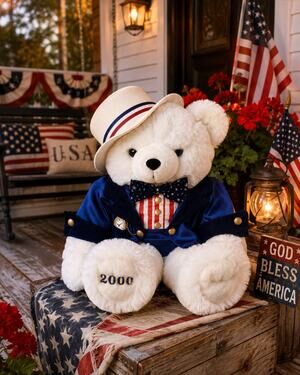 2000 Uncle Sam Patriotic Musical Teddy Bear Lights Voice Clock Plush 18” Works